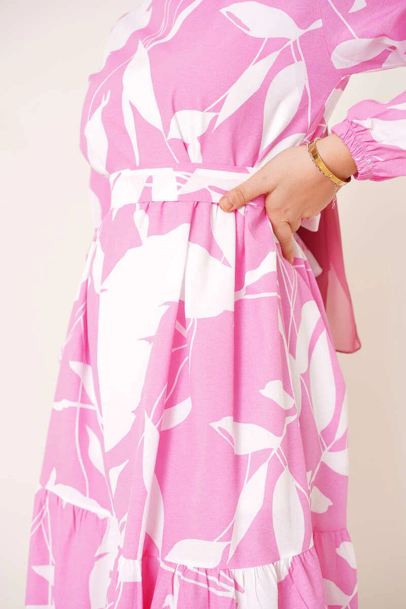 terricotton floral dress with belt pink