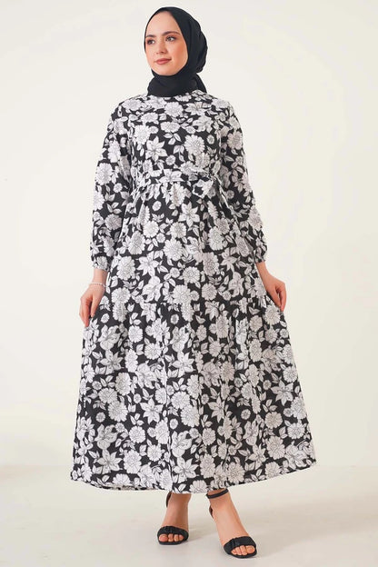 Tericotton floral black/white dress