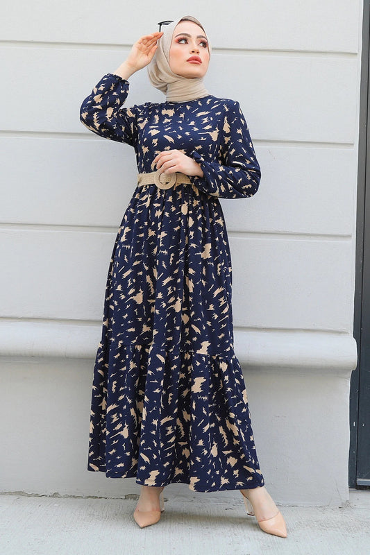 Polyester long dress with belt navy blue